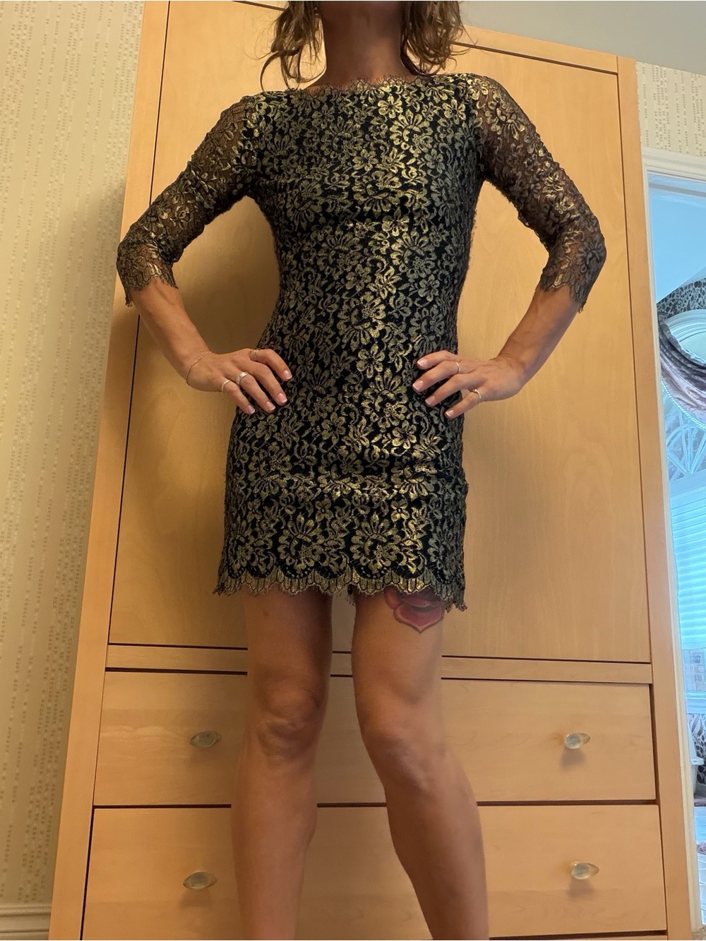 Diane Von Furstenberg Black and Gold Lace Sheath Mini Dress